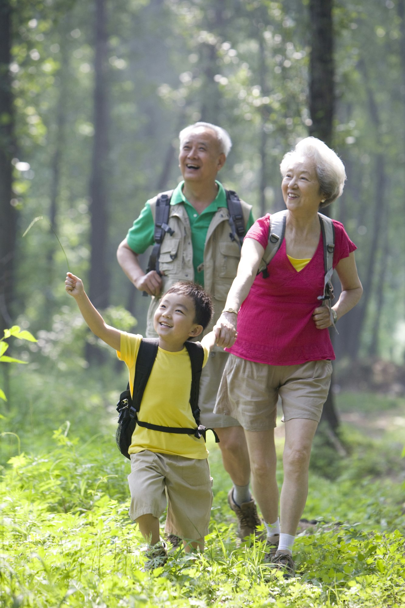 Little boy with his grandparents hiking